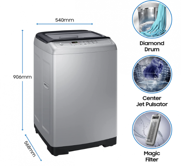 Samsung 6.5 kg Fully-Automatic Top Loading Washing Machine (WA65A4002VS/TL, Imperial Silver, Diamond Drum)