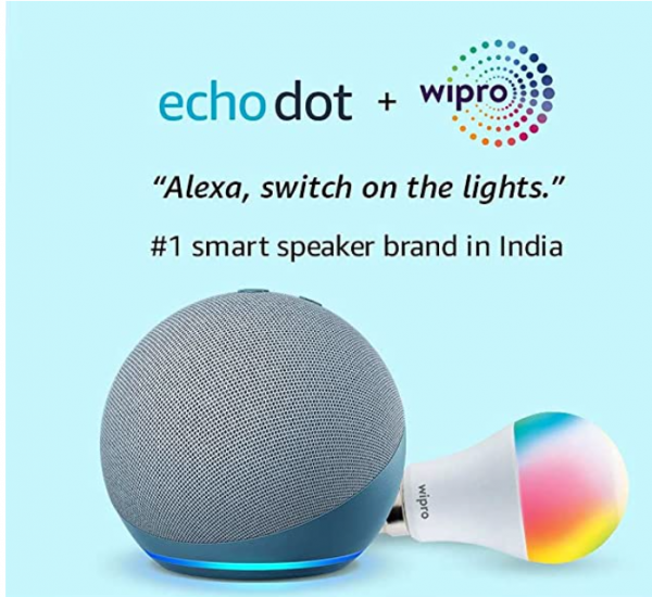 All-new Echo Dot (4th Gen, Blue) combo with Wipro 9W LED smart color bulb