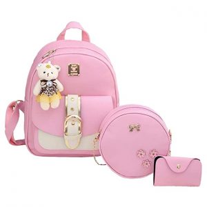 TYPIFY® 3 pcs fashion Pu Leather Women Backpack Korean Style Backpack Teddy Bear Keychain Women Girls College Backpack Bag. Gift for Her