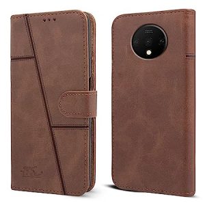 Jkobi Flip Cover Case for OnePlus 7T (Stitched Leather Finish Magnetic Closure Wallet Card Slots Brown)