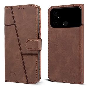 Jkobi Flip Cover Case for Poco C55 (Stitched Leather Finish | Magnetic Closure | Inner TPU | Foldable Stand | Wallet Card Slots | Brown)