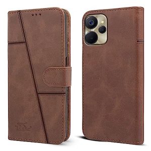 Jkobi Flip Cover Case for Realme 9i 5G (Stitched Leather Finish Foldable Stand Wallet Card Slots Brown)