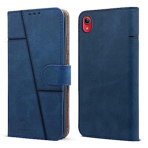 Jkobi Flip Cover Case for Vivo Y91i (Stitched Leather Finish Magnetic Closure Inner TPU Foldable Stand Wallet Card Slots Blue)