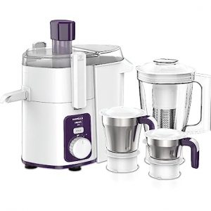 Havells Hexo 1000 watts 3 Jar Juicer Mixer Grinder with 2.5 Kg 100% Ball Bearing Copper Motor ,22000 RPM, 2Ltr Polycarbonate Jar, Metal Teeth Coupler & 2 Years Warranty (White & Purple)