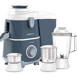 Havells Vitonica 500W Juicer Mixer Grinder with 3 Stainless Steel Jar, Large Size Pulp Container,Foldable Juicing Spout, 2 Yr Product Warranty & 5 Yr Motor warranty (White & Blue)