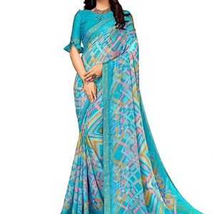 Satrani Women'S Chiffon Geometric Printed Saree With Unstitched Blouse Piece