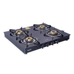 Glen 4 Burner LPG Glass Gas Stove With Forged Brass Burner Auto Ignition Cooktop, Black (1041 GT FB BL AI)