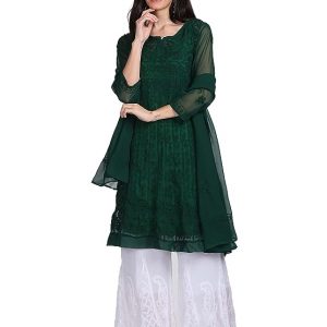 Fashion Chikan Art Women's Faux Georgette Chikankari Flared Anarkali With Dupatta and Inner