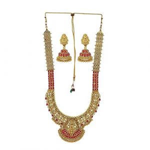 VOYLLA Antique Inspired Gold Toned CZ Adorned Brass Temple Jewellery Set