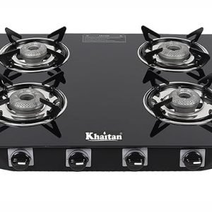 Khaitan 4 Burner Active Forge Black Toughened Glass LPG Cooktop Manual Ignition Stove