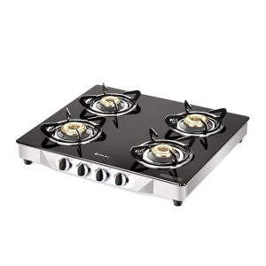 Bajaj CGX4, 4-Burner Stainless Steel & Glass, ISI Certified, Gas Stove (Black, Manual)