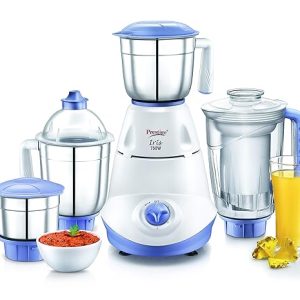 Prestige Iris 750 Watt Mixer Grinder with 3 Stainless Steel Jar + 1 Juicer Jar (White and Blue)