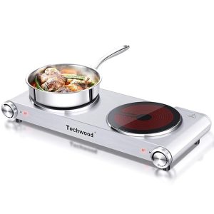 Techwood Hot Plate Electric Burner Countertop Burner Double Burner Infrared Ceramic Double Cooktop Cast Iron