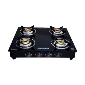 MILTON Premium 4 Burner Black Manual Ignition Glass Top Gas Stove, (ISI Certified)